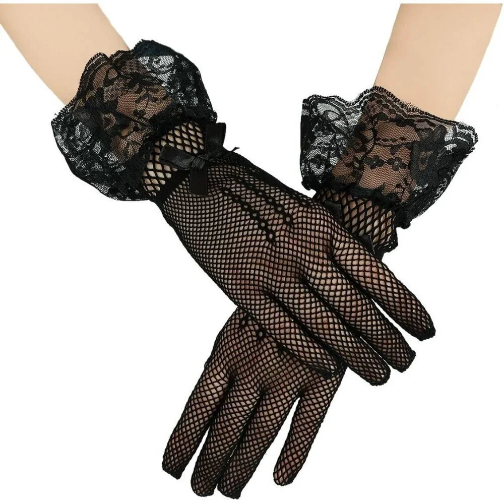 Women's B-Black Bow Lace Elegant Wrist Gloves Ruffle Bridal Wedding Party Prom